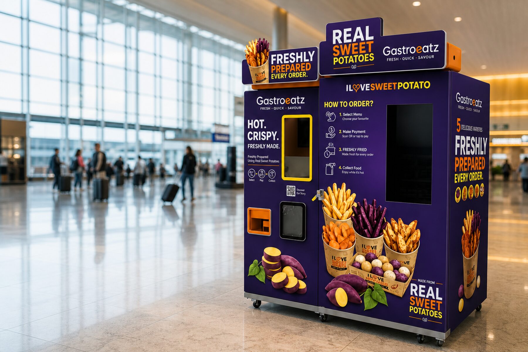 A Gastro Eatz vending machine in an airport departure hall
