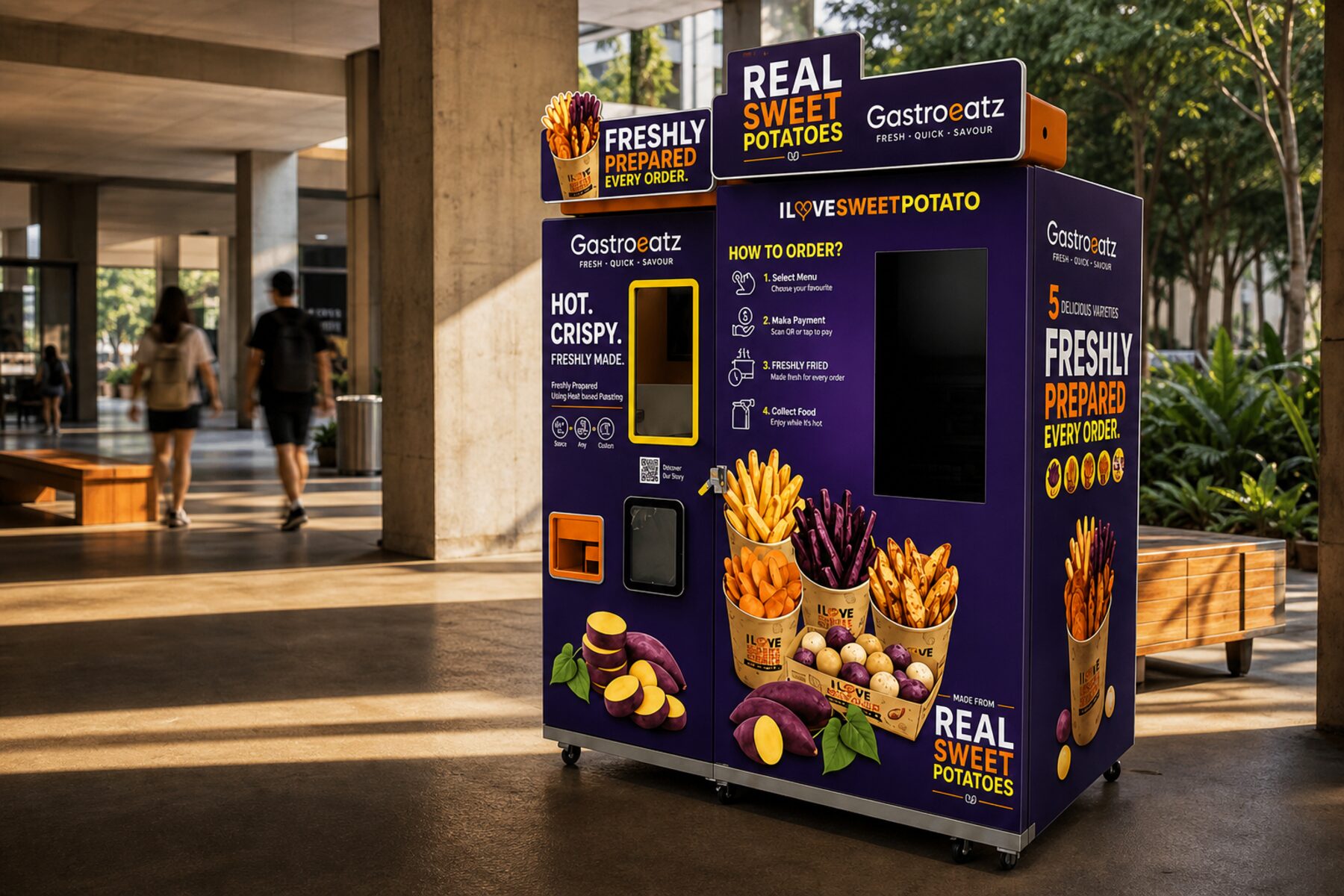 A Gastro Eatz vending machine on a university campus concourse