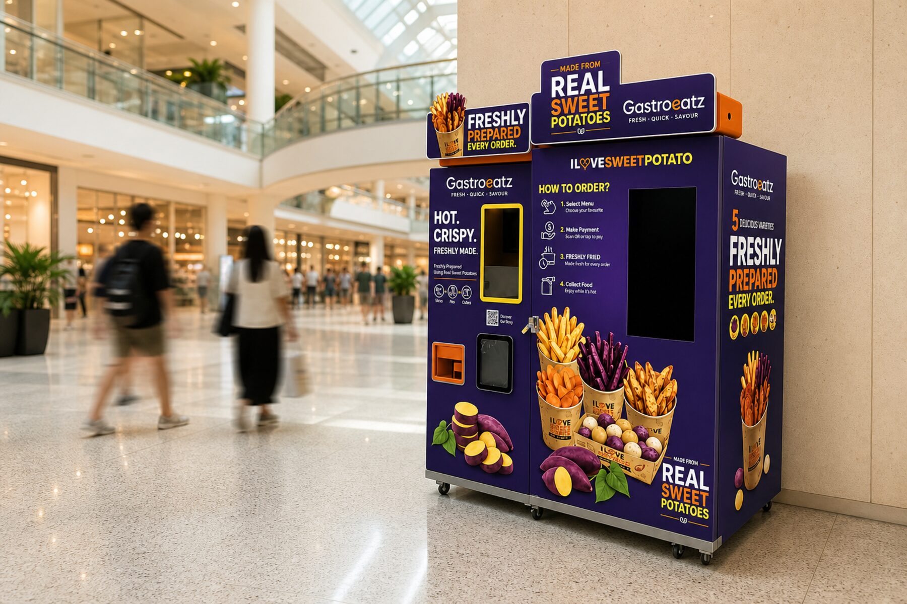 A Gastro Eatz vending machine in a shopping mall atrium