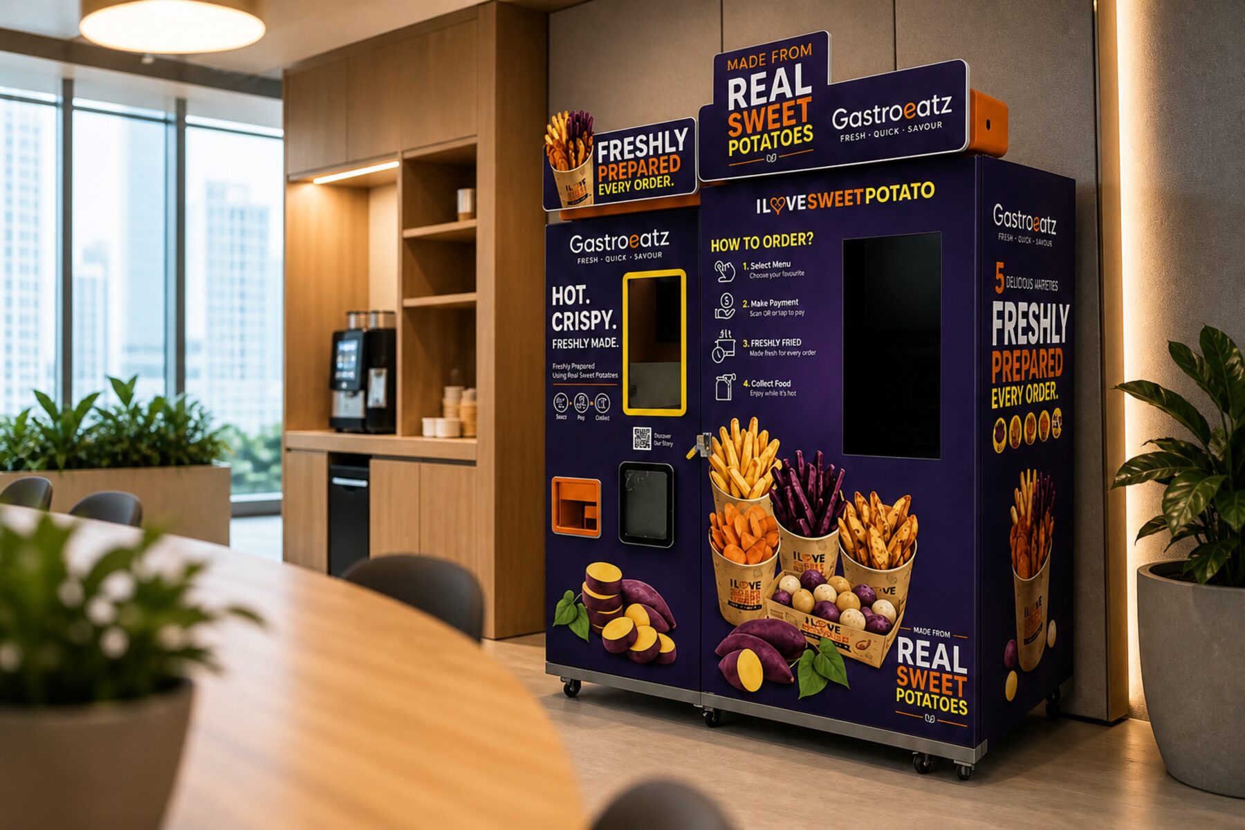 A Gastro Eatz vending machine in a modern office pantry